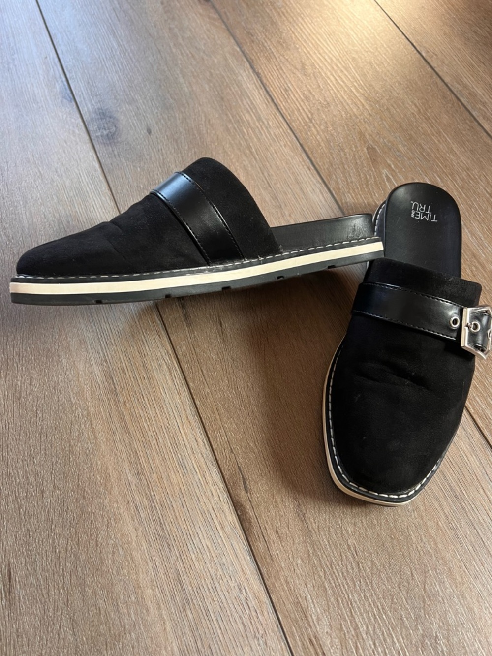 Time and Tru Black Suede Slip-On Loafers with Buckle Accent